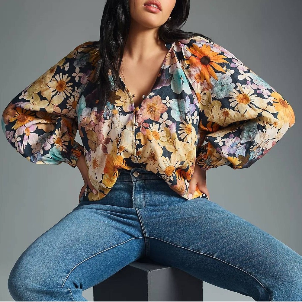 Maeve Moxy Collective Womens Floral Linen Blend Blouse Long Sleeve V-Neck Size S - Picture 2 of 7
